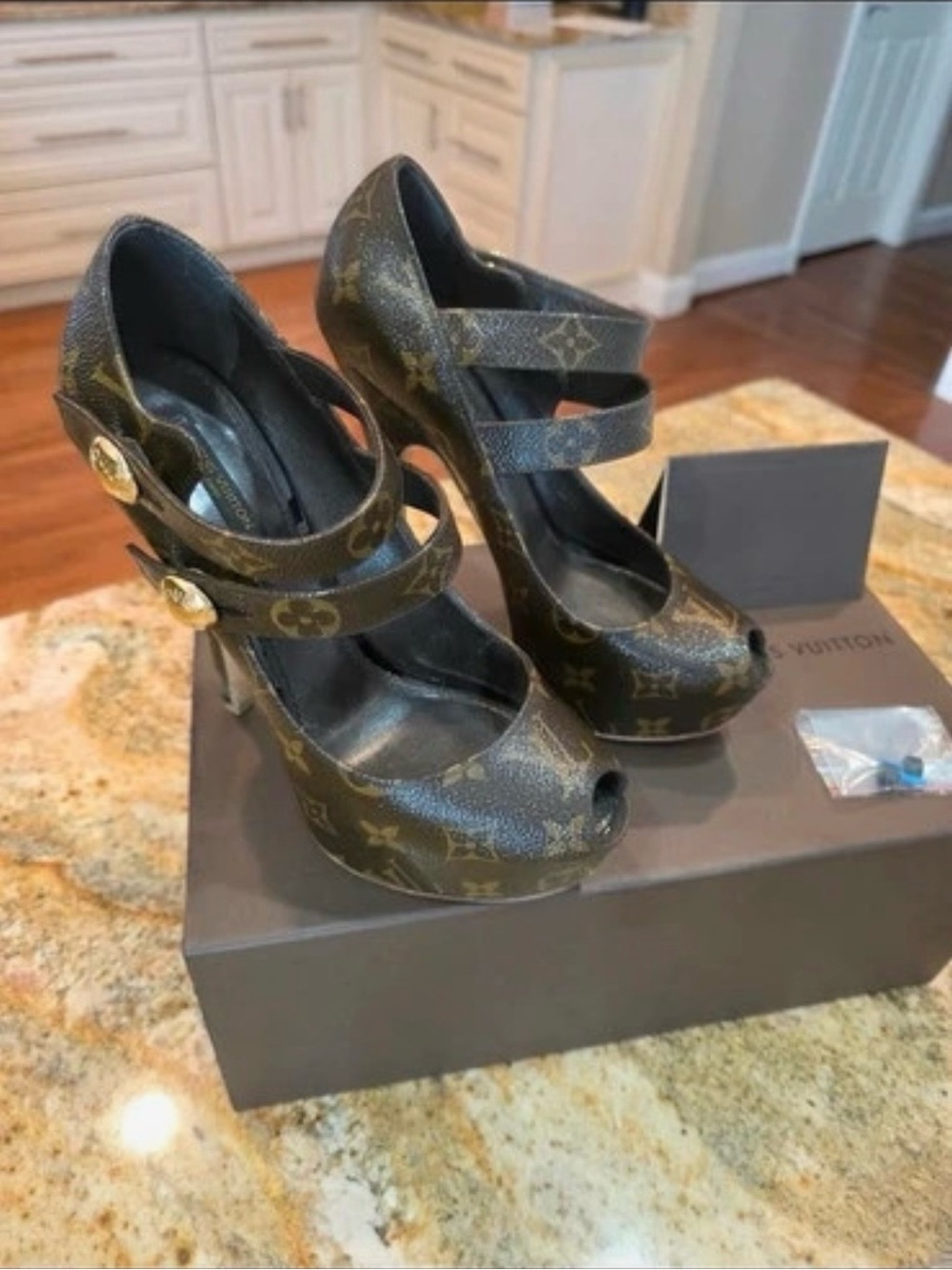 Louis Vuitton Brown Monogram Peep-Toe Mary Jane Platform Heels